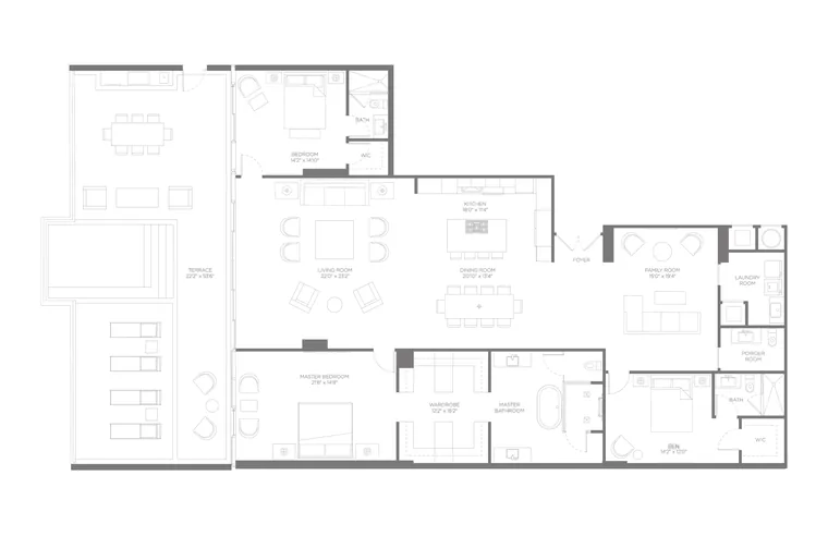 Residence E floor plan, Lanai Collection, Boca Beach House: 2 Bedrooms · 3.5 Bathrooms · 2 Dens &mdash; click to view full size