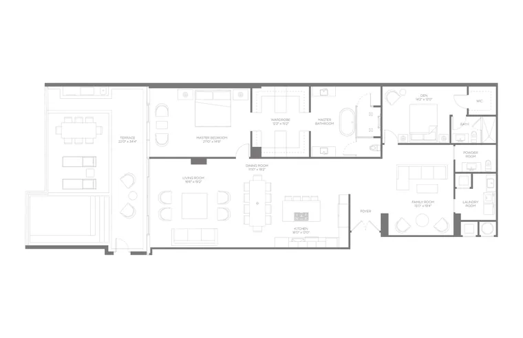 Residence F floor plan, Lanai Collection, Boca Beach House: 1 Bedroom · 2.5 Bathrooms · 2 Dens &mdash; click to view full size
