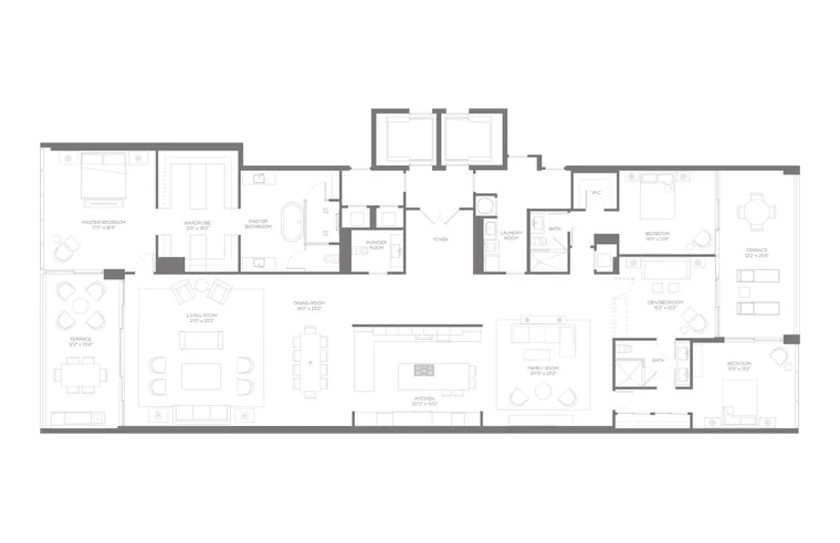 Residence B floor plan, Upper Collection, Boca Beach House: 4 Bedrooms · 3.5 Bathrooms · 1 Den &mdash; click to view full size