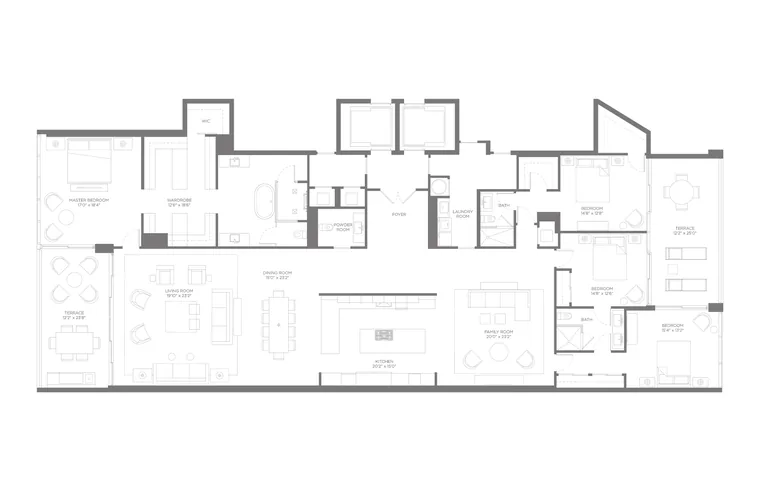 Residence E floor plan, Upper Collection, Boca Beach House: 4 Bedrooms · 3.5 Bathrooms · 1 Den &mdash; click to view full size