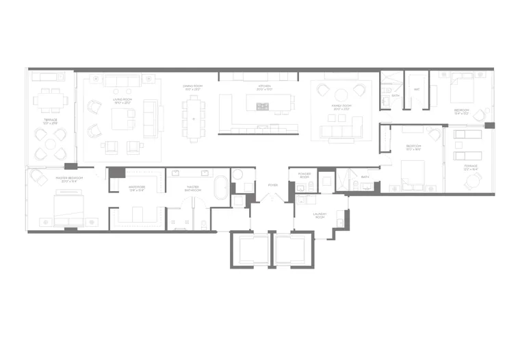 Residence F floor plan, Upper Collection, Boca Beach House: 3 Bedrooms · 3.5 Bathrooms · 1 Den &mdash; click to view full size