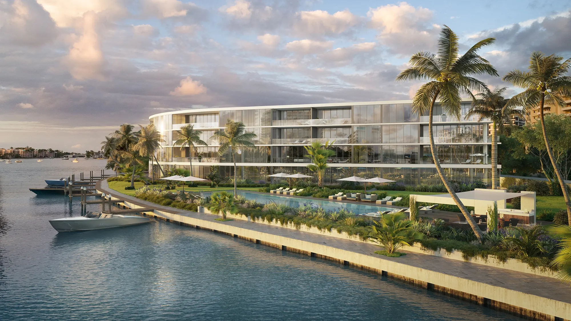 Rendering of Boca Beach House from the water, with the pool deck, boardwalk and private marina