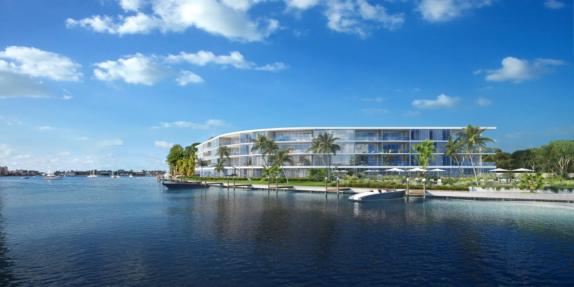 Rendering of Boca Beach House across Lake Boca Raton in daylight