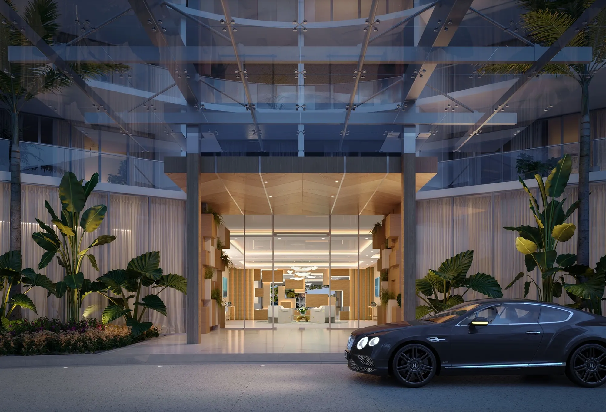 Rendering of the porte-cochère entrance at night