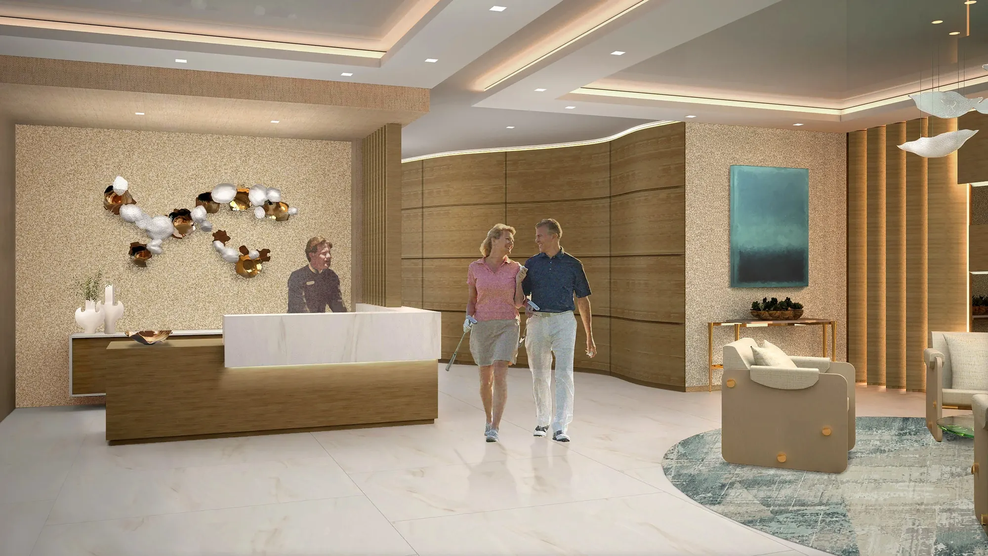 Rendering of the lobby reception with seating area