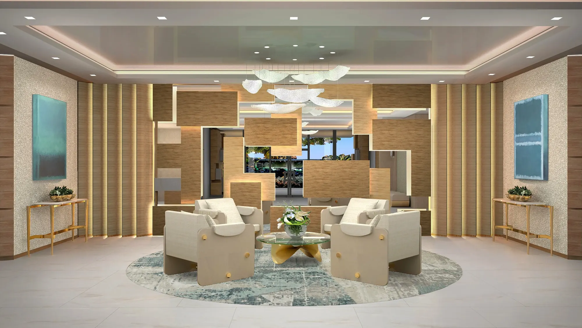 Rendering of the lobby lounge with sculptural seating