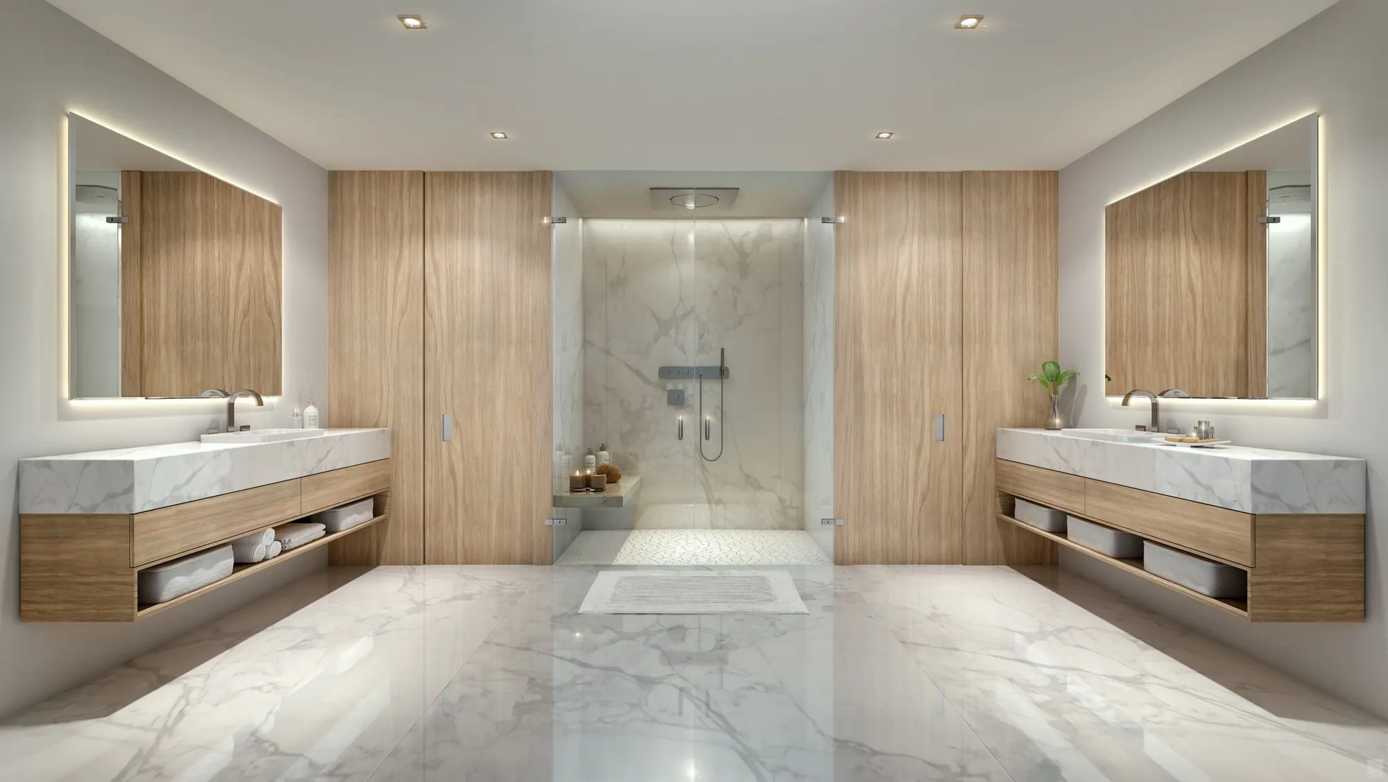 Rendering of a bathroom with wood vanities and a walk-in shower