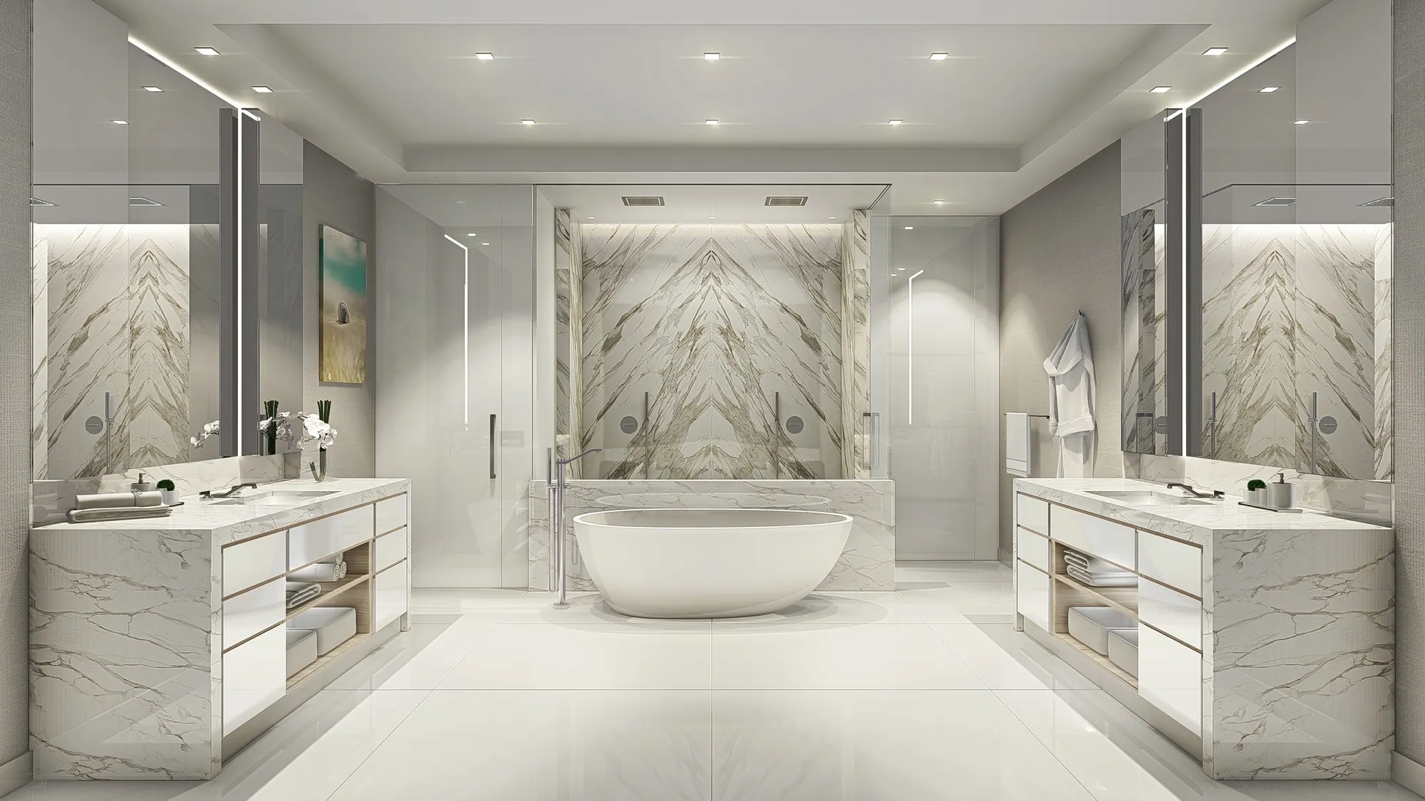 Rendering of a primary bath with a marble wall and freestanding tub