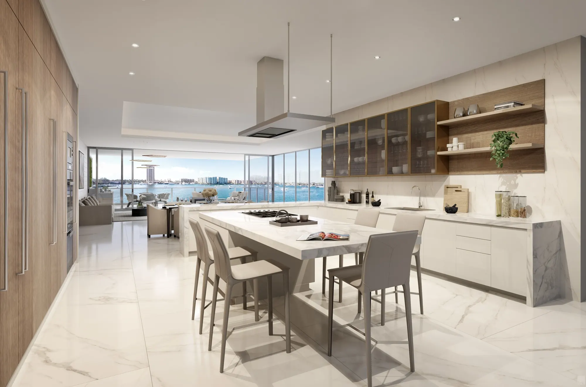 Rendering of an open kitchen with lake views