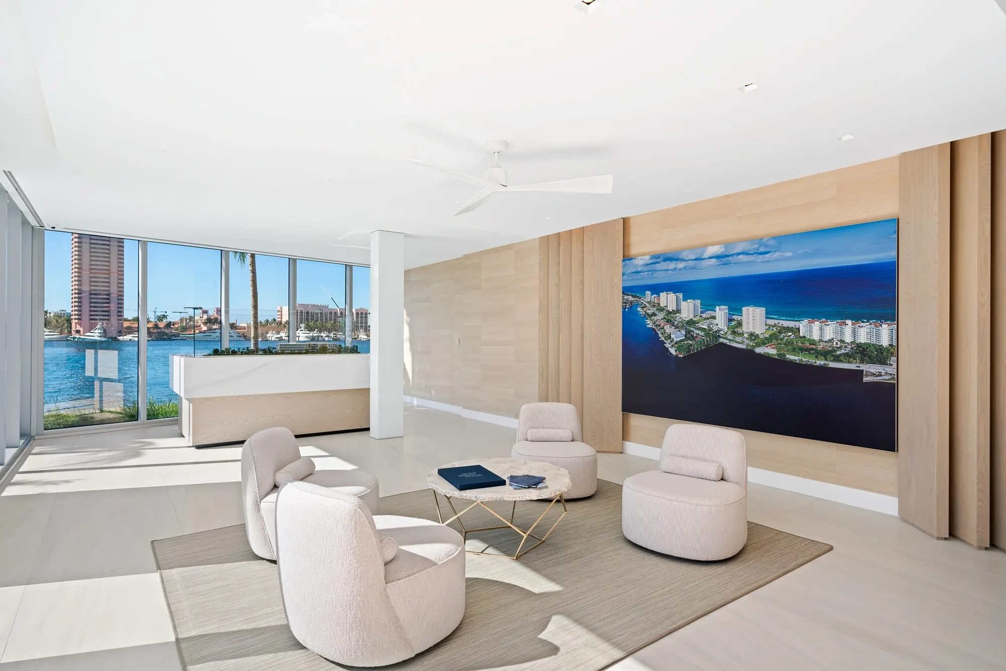 Seating area in the sales gallery with lake views