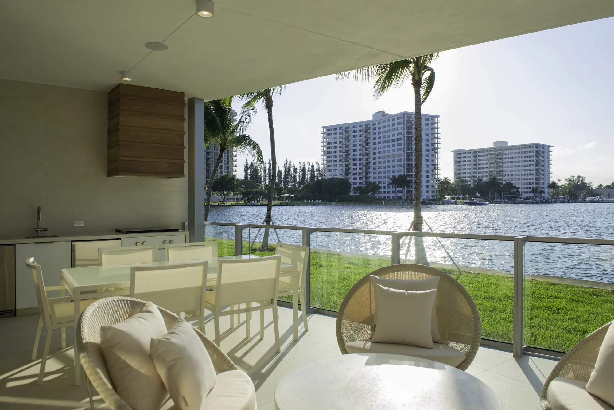 A private lake-facing terrace at Boca Beach House