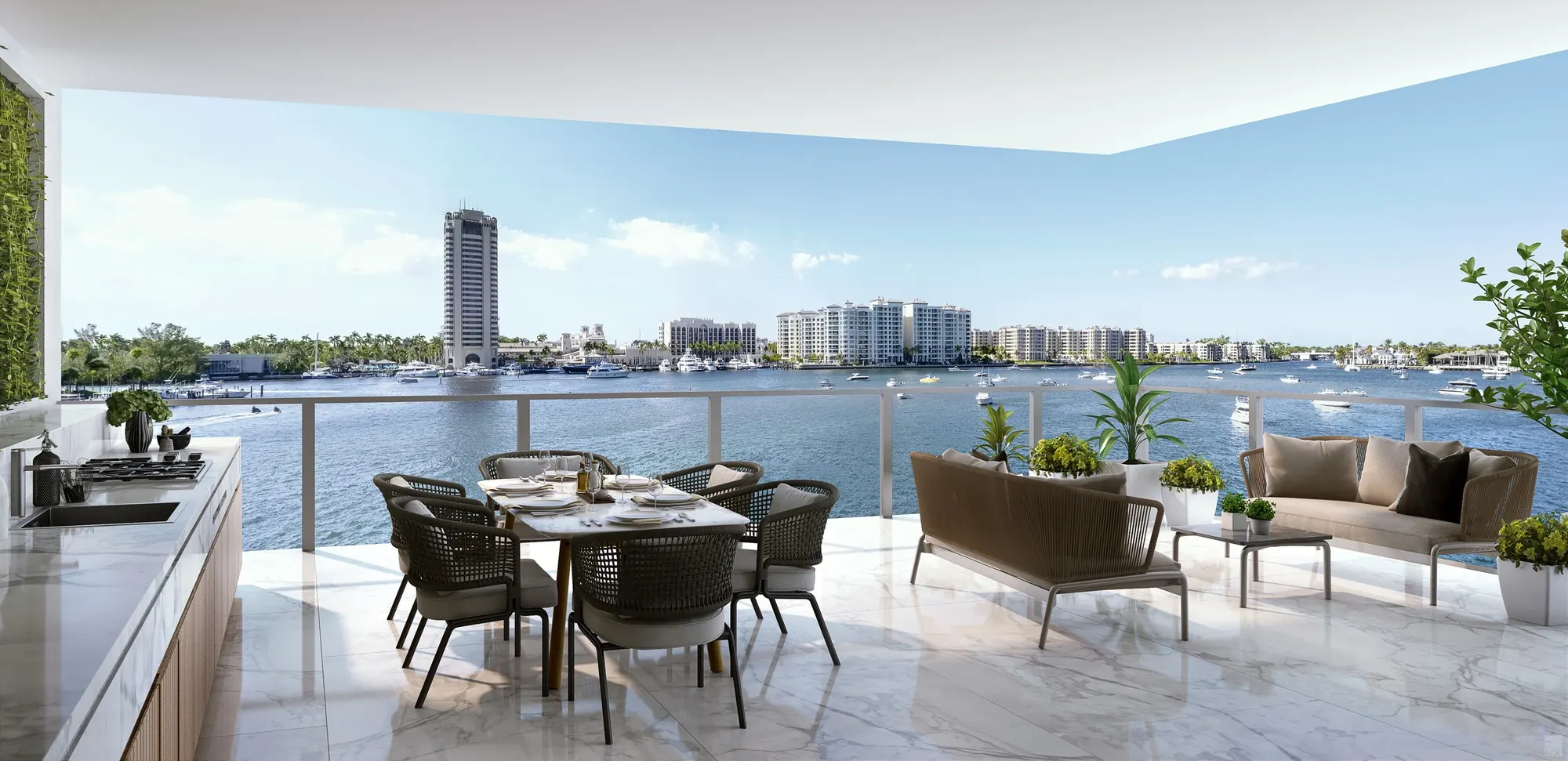 Rendering of an upper-floor terrace with dining and lounge seating